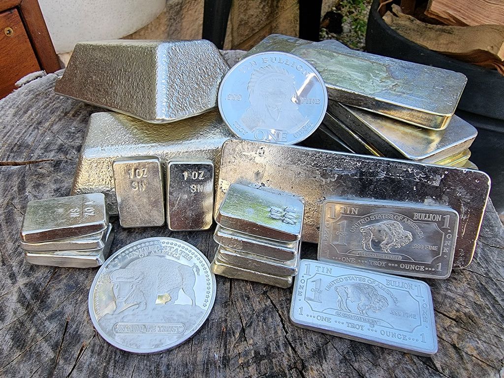Tin Bullion Bars, Ingots, Coins For Sale and Tin Stacking
