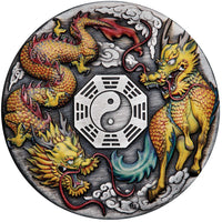 Dragon and Qilin 2022 2oz Silver Antiqued Coloured Coin - 2022 The Perth Mint 2 Ounce - Great White Bullion