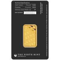 Australian Kangaroo 20g Gold Minted Bar - 99.99% Pure Gold - The Perth Mint - Great White Bullion