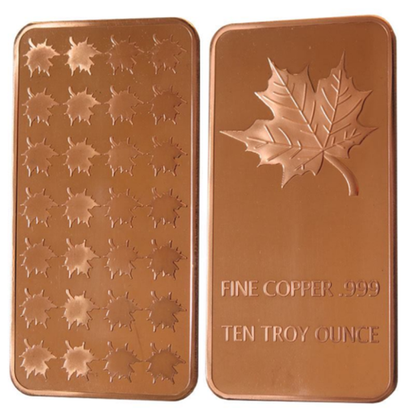 10 Ounce Copper Ingot - Canadian Maple Leaf Copper Bar - 155.5g+ Bullion - Great White Bullion
