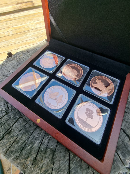 6pc 1oz Copper Coin Set in Volterra Timber Coin Case - Choose your 6 GWB Coins!