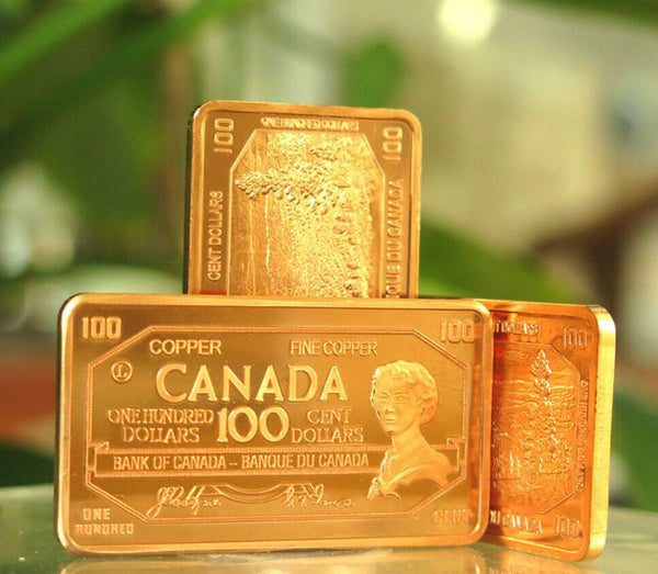 1 Ounce Copper Ingot - $100 Canada Bank Bar - 1 Troy oz Copper Bullion - Great White Bullion