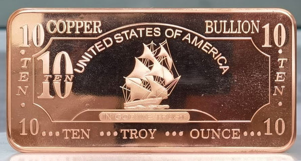 10 Ounce Copper Ingot - Old Ship Bar - 155.5g+ Bullion - Great White Bullion