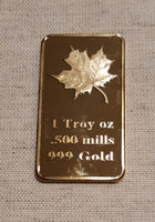 1 Ounce Gold Plated Brass Ingot - Maple Leaf - 1 Troy oz Gold Bar Bullion - Great White Bullion