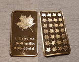 1 Ounce Gold Plated Brass Ingot - Maple Leaf - 1 Troy oz Gold Bar Bullion - Great White Bullion